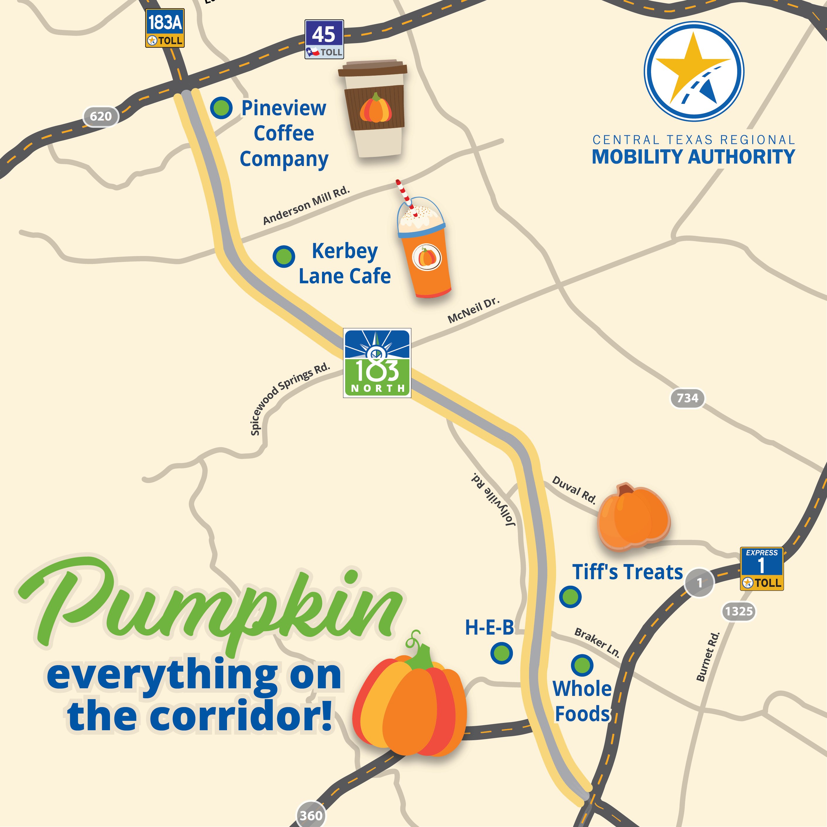 A map with various locations along the 183 North Mobility Project where you can get a pumpkin spice treat. Each location is marked with a pin including Tiff’s Treats, Kerby Lane Cafe, Pineview Coffee Company, H-E-B and Whole Foods.